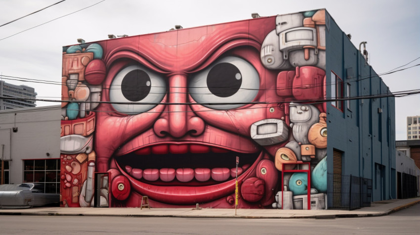 a street mural of large red face thats on a building