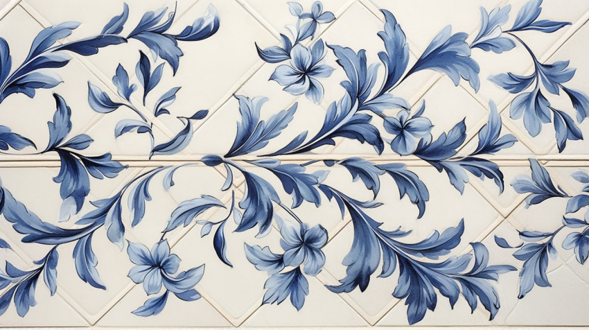 the tile is decorated with a floral pattern in blue and white