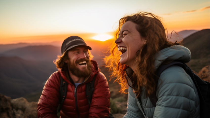 a couple laughing as they watch a sunset