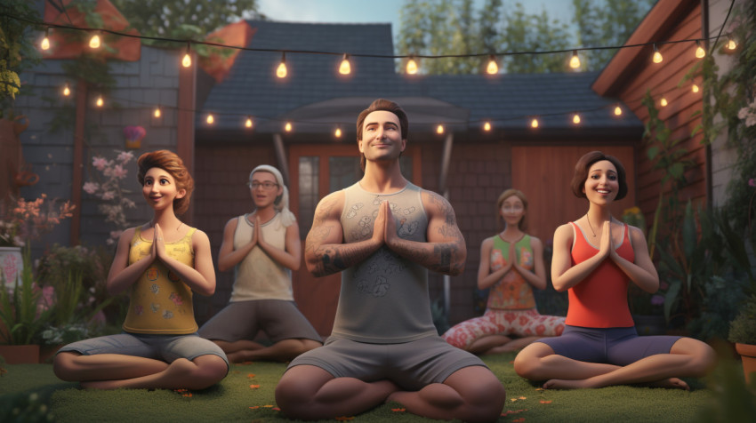 a group of friends doing yoga in a backyard