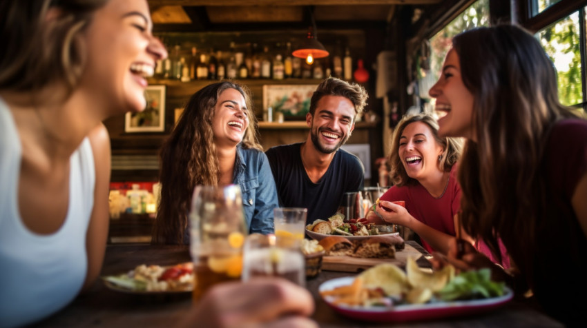 Young happy people have fun and eat lunch in the home dining room