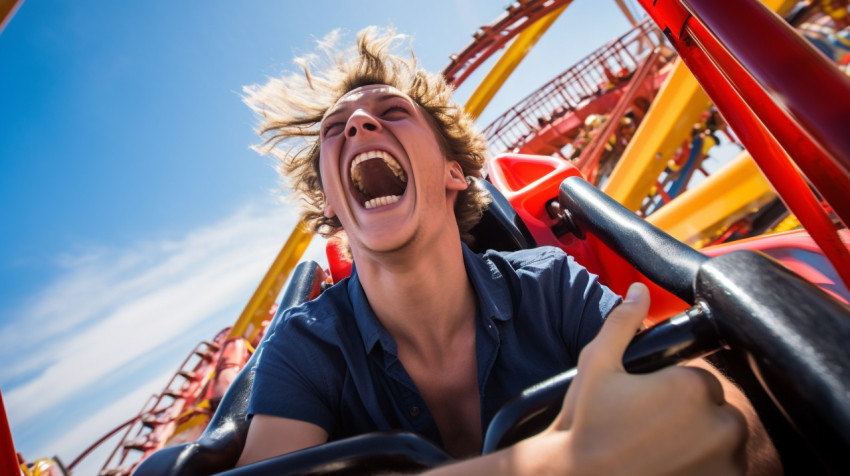 Person laughs hysterically on roller coaster ride