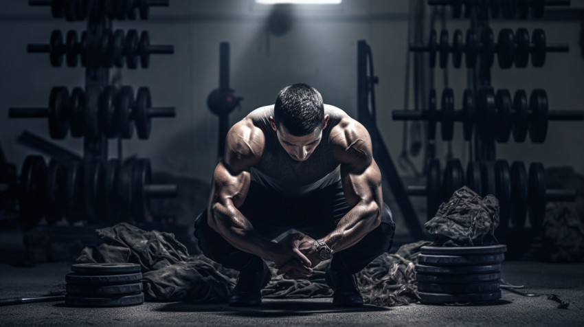 a man in black and white squatting in front of some weights