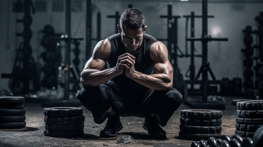 Man Squatting with Weights in Black and White