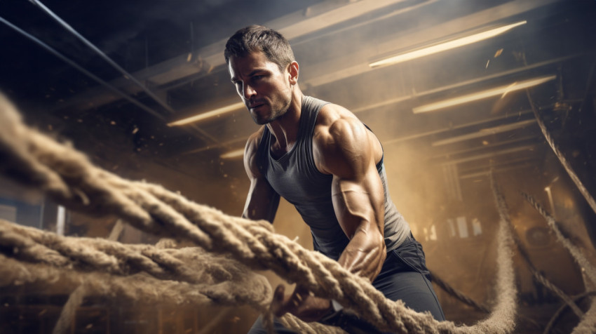 Man Working Out with Ropes in Cross Fit Gym