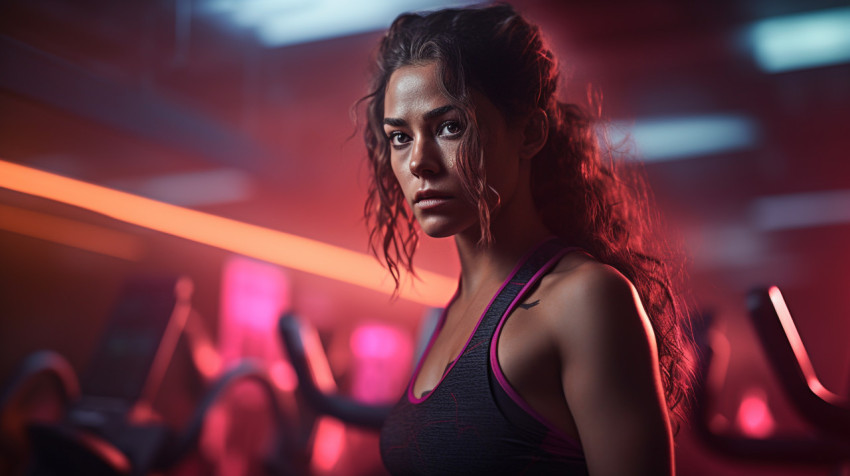 Female athlete working out in dimly lit room