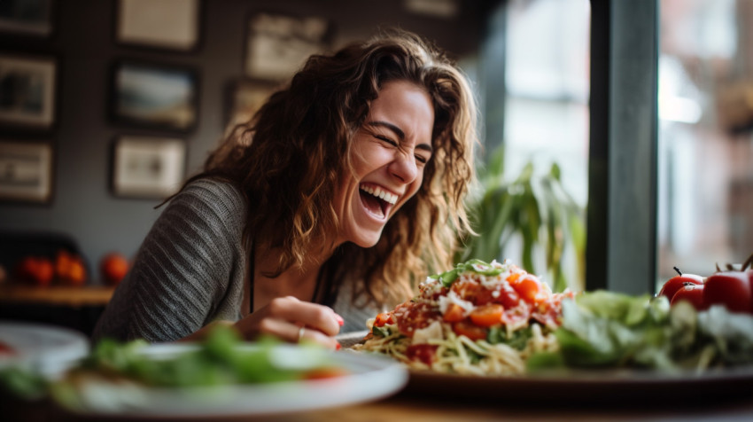 Young woman eating healthy food sitting in the beautiful restaurant