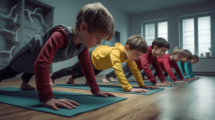 Youngsters Training Pushups in Workout Room