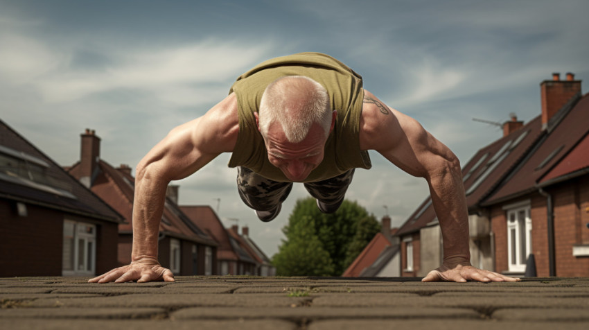 an athlete doing a pushup his arms are up