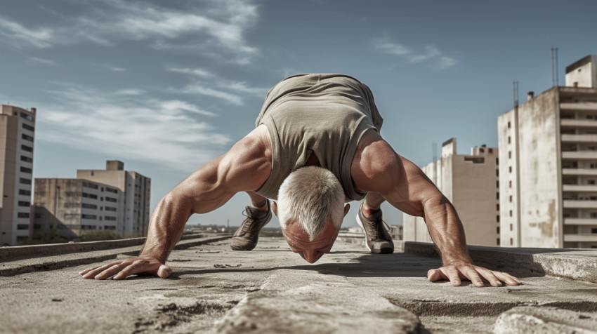 Male athlete doing pushup with arms raised