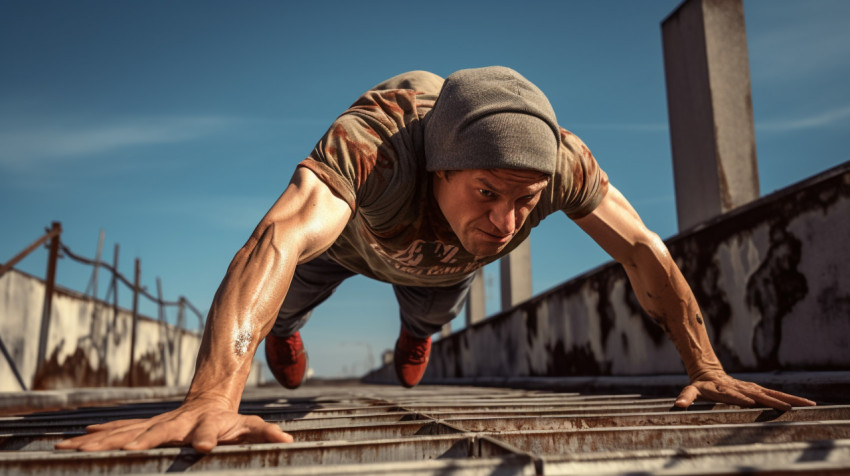 Athlete doing pushup with arms extended high