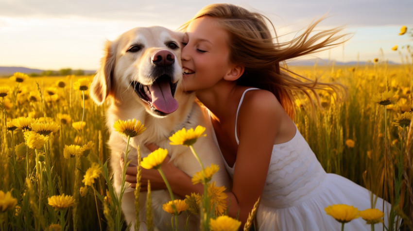 a young girl in a white dress is hugging a golden retriever