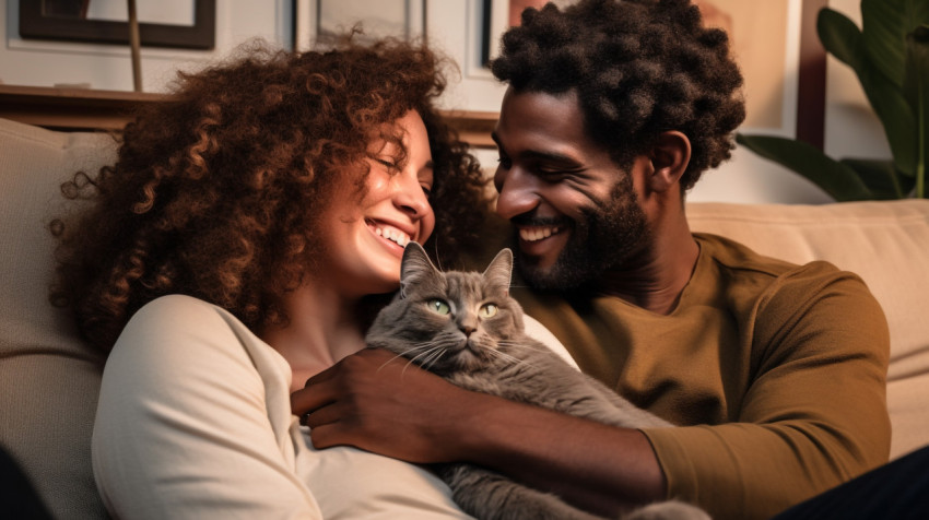 Young Couple Snuggles with Cat on Couch