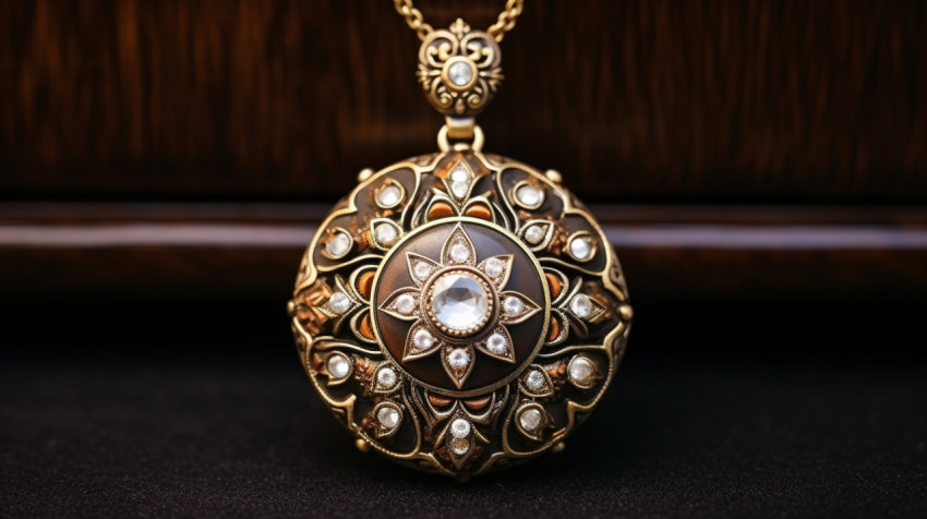 a pendant with diamonds on a brown surface