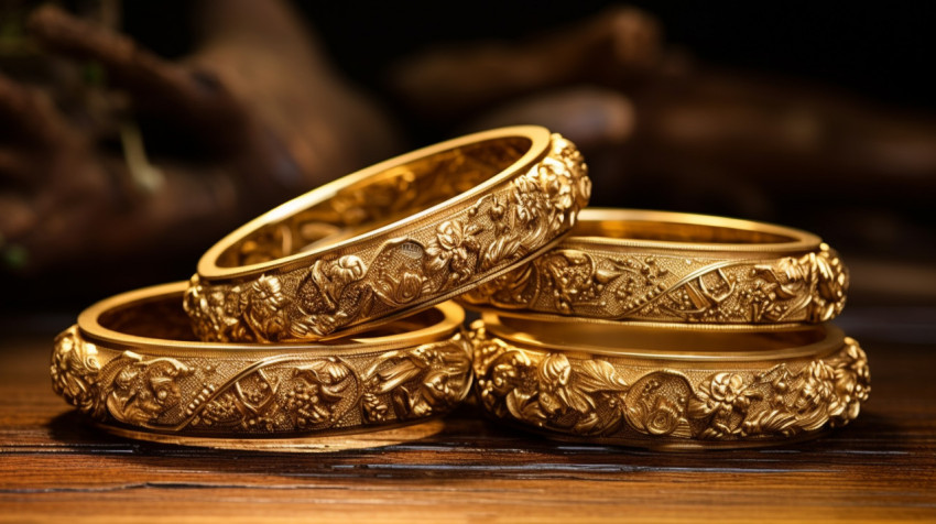 gold bangles on wooden board