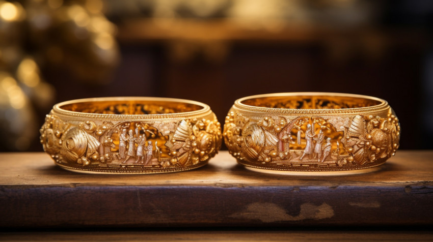 Golden bangles arranged on wooden surface
