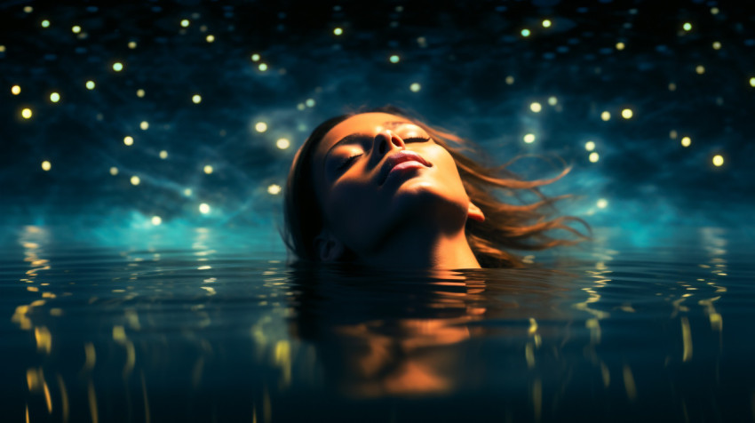 A person floating in a pool of water surrounded by stars