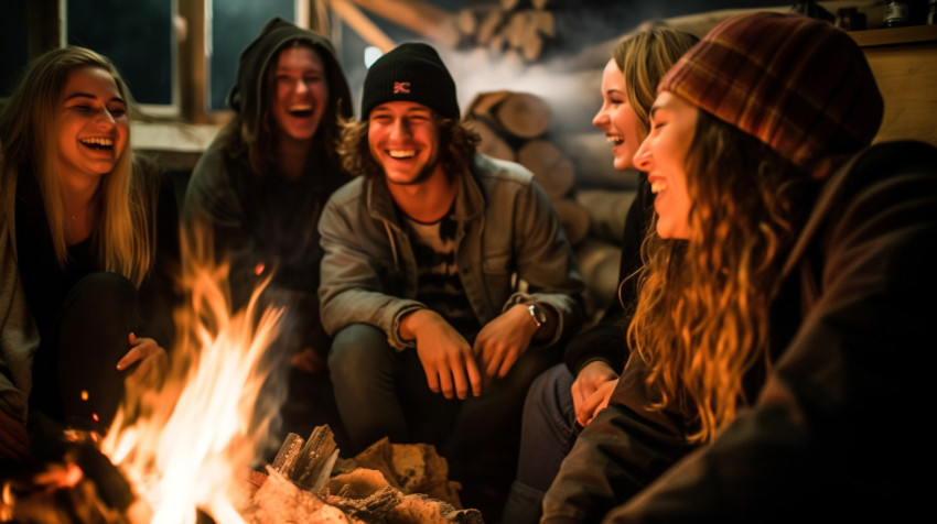 Friends laughing and talking at night