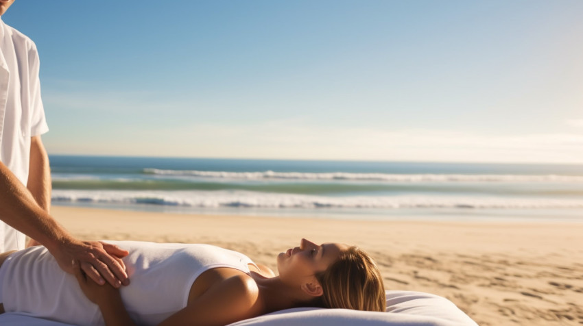 A wide angle shot of a person receiving a massage on a beach