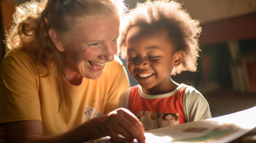 Child Reading with Help from Volunteer