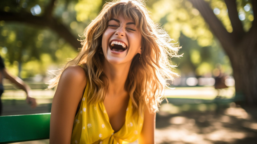 Woman sitting on a bench in a park smiling and laughing