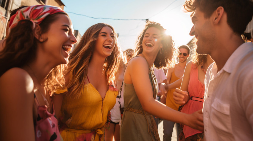 A group of friends laughing and dancing in the street