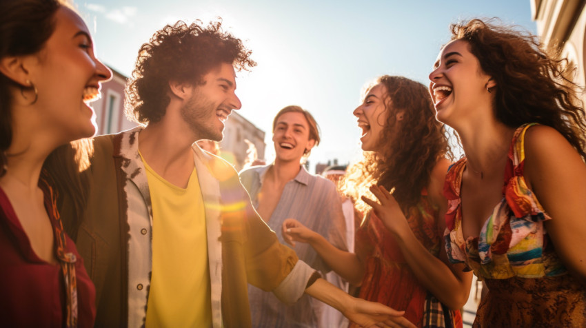 A group of friends laughing and dancing in the street