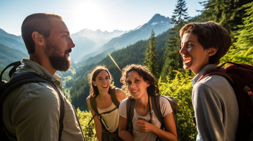 A family hiking in the mountains