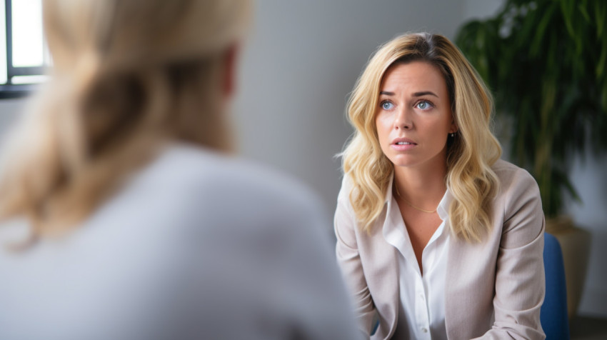 Woman sits in a therapists office, her face turned