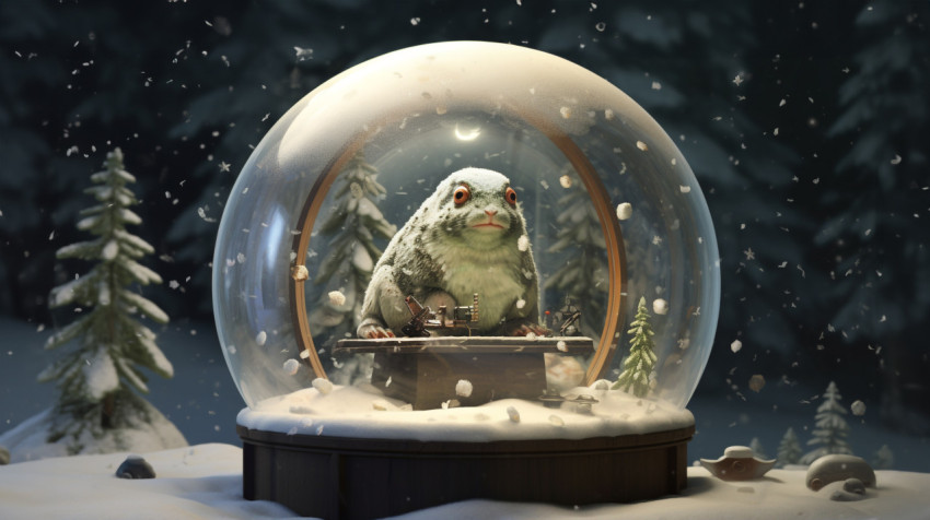 A frog in a snow globe with snow falling around it