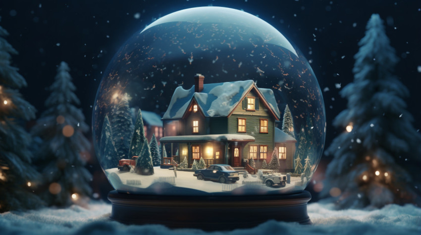 An icy snow globe with little houses inside