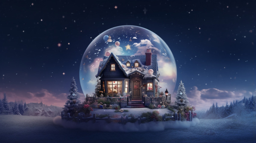Shows a snow globe filled with a house