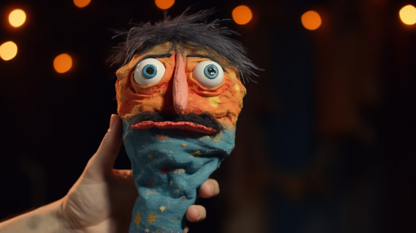A hand puppet with an orange nose and eyebrows