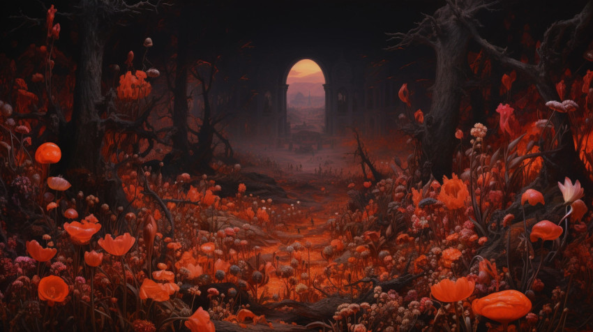 A painting of a medieval fantasy world created with flowers