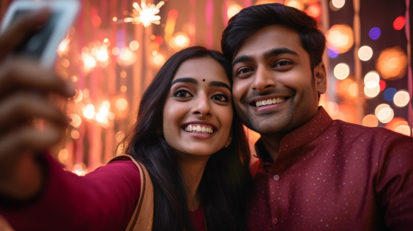 Two Indian people are taking a photo of themselves together in f