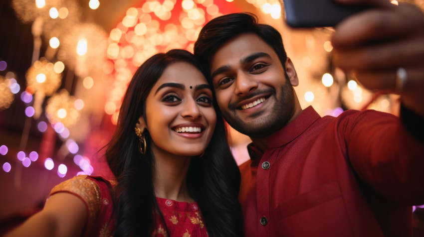 Two Indian people are taking a photo of themselves together in f