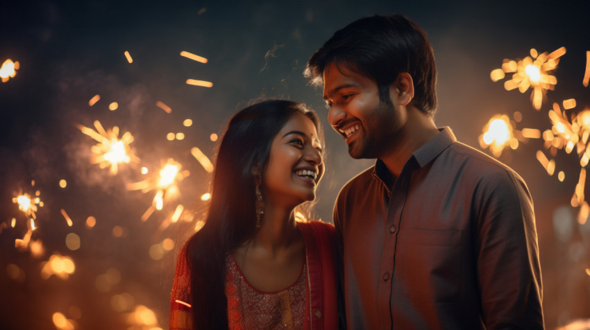 A happy Indian couple enjoys the simple pleasures of Diwali