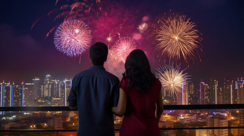 Two Indian people are lighting fireworks on Diwali, with the cit