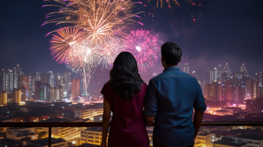 Two Indian people are lighting fireworks on Diwali, with the cit