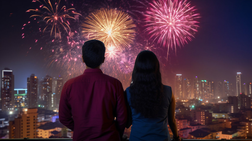 Two Indian people are lighting fireworks on Diwali, with the cit