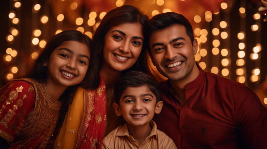 A family dressed up in their best clothes for Diwali, taking a p