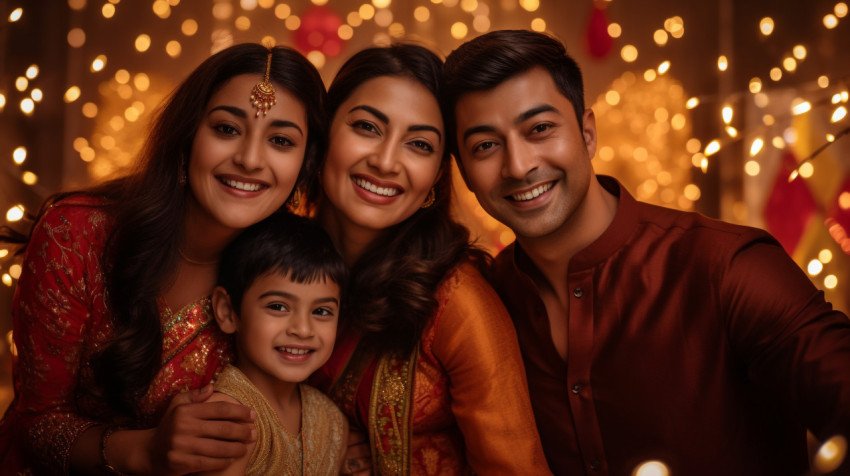 A family dressed up in their best clothes for Diwali, taking a p