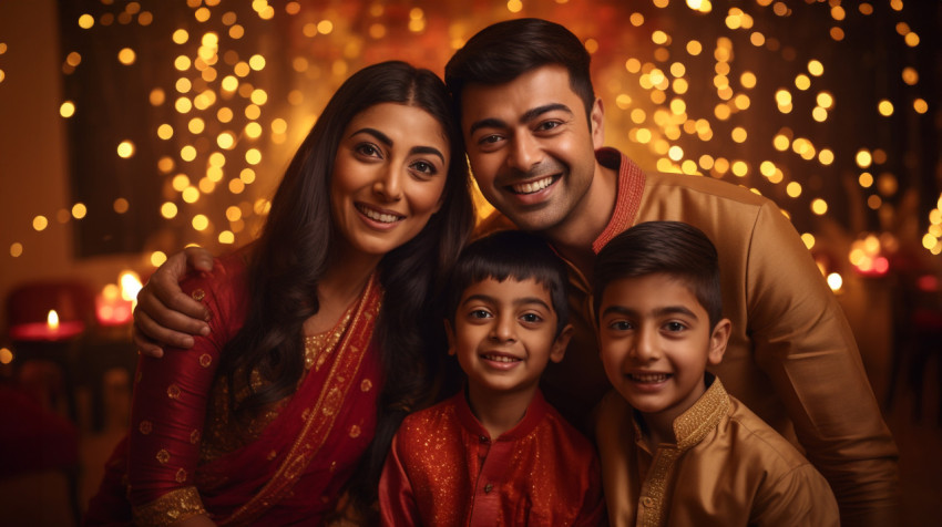 A family dressed up in their best clothes for Diwali, taking a p