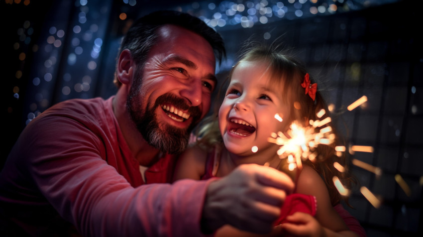 Dad and his little girl are holding a sparkler and having fun to