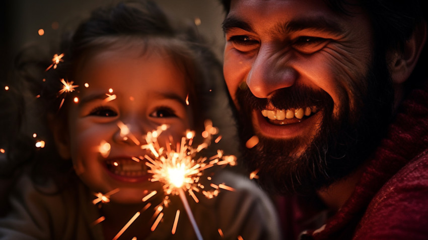 Dad and his little girl are holding a sparkler and having fun to