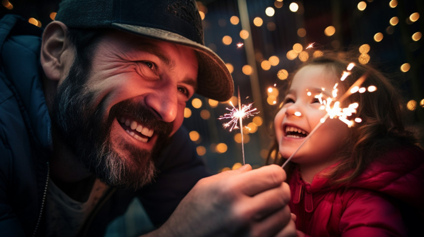 Dad and his little girl are holding a sparkler and having fun to