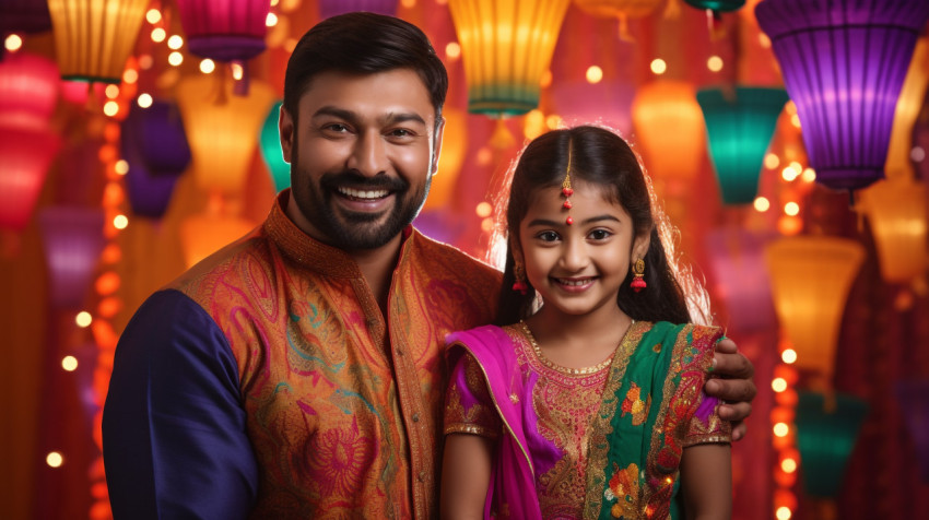 A father and daughter stand in front of a background decorated f