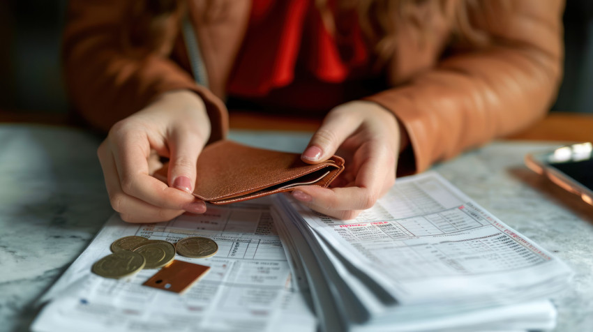 Woman holds empty wallet and bills showing the impact of rising heating gas and electricity prices