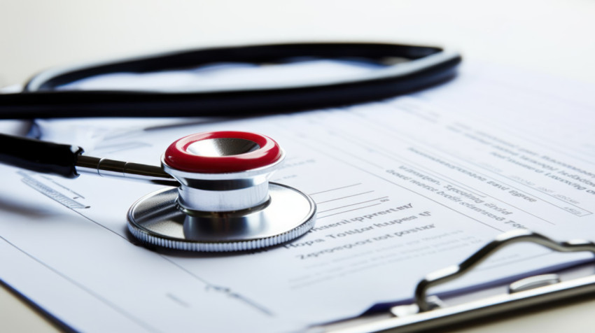Stethoscope placed on health insurance form emphasizing medical coverage and well being
