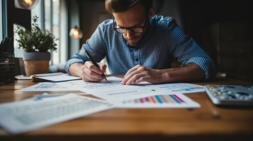 Person meticulously plans finances with calculator pen and documents on wooden table showcasing fiscal responsibility and tax preparation